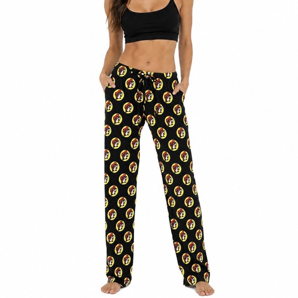 BUC-EE'S BEAVER Women's L Pajama Pants Black Yellow Logo 100% Cotton Drawstring